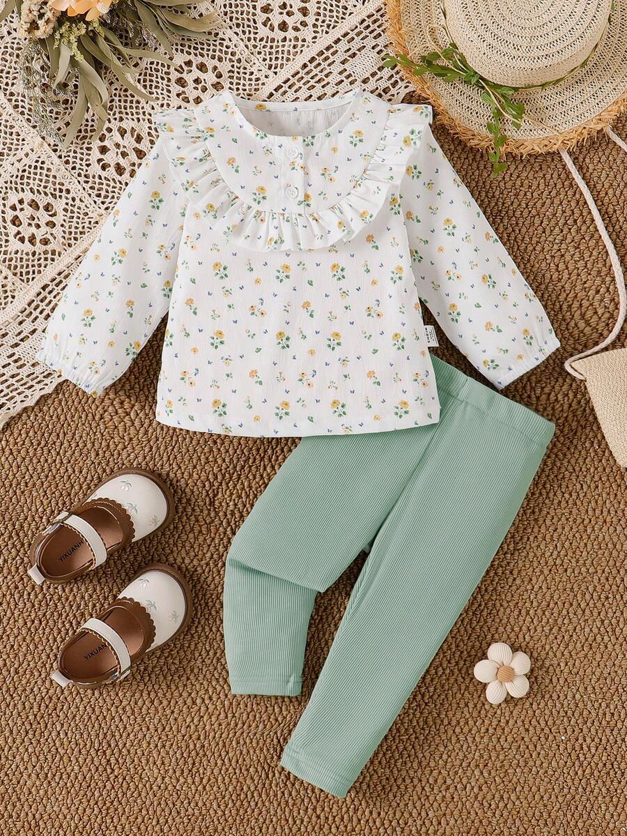 女婴花卉印花荷叶边圆领上衣和纯色裤子休闲装 - 彩色 - 查看 1