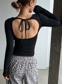 DAZY Women's Solid Color Backless Lace-Up Long Sleeve Slim Fit T-Shirt, Spring Summer,Halter Top