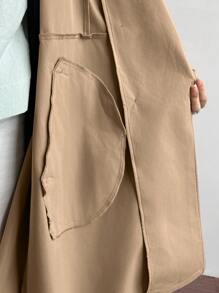 SHEIN Essnce 大码女式秋冬休闲宽松卡其色长袖中长风衣、女士外套、秋季女装、冬季外套、老款、秋季女装、风衣女大衣、长外套、返校节、早午餐女装、服装 - 卡其色 - 查看 7