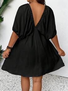SHEIN Frenchy Comfortable Lantern Sleeve Mid-Length A-Line Plus Size Vacation Casual Short Dress Summer Women Dresses - Black - View 2
