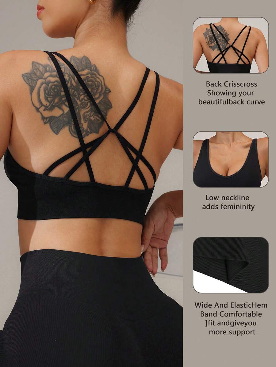 SHEIN Sports Seamless High Stretch Sports Bra With Pads For Women - Black - View 1