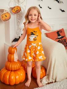 SHEIN Young Girl Summer Halloween Theme Cartoon Print Camisole Top And Ruffle Hem Shorts 2Pcs Knitted Sleepwear Set,Orange Family Matching Mommy And Me - Orange - View 5