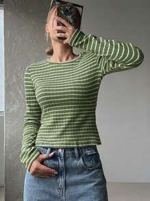 DAZY Women's Casual Striped Thermal Lined Warm T-Shirt, Autumn/Winter,Back To School Clothes Long Sleeve Women Tops,Fall Women Clothes - Army Green - View 5