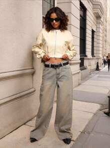 Forever 21 Chaqueta/abrigo de mujer para otoño e invierno, color amarillo claro, con cremallera, de piel sintética, corto, manga larga, lindo, vuelta al colegio, para tallas pequeñas y altas, para la oficina, con cuello, para ocasiones de salida, maestros, casual de negocios, cuello redondo - Blanco - Ver 6