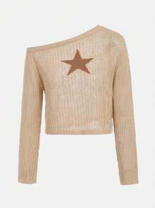 SHEIN Jersey casual de manga larga para adolescente con hombro oblicuo, de punto unicolor de color y patrón de estrellas ahuecado - Caqui - Ver 1