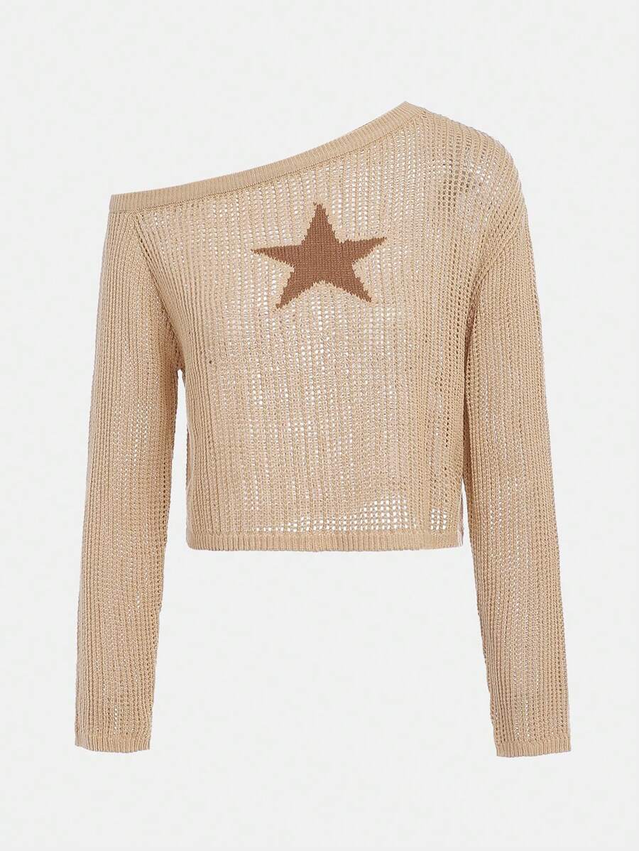 SHEIN Jersey casual de manga larga para adolescente con hombro oblicuo, de punto unicolor de color y patrón de estrellas ahuecado - Caqui - Ver 1