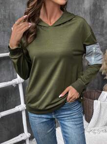 SHEIN LUNE Casual Contrast Color Pocket Hoodie, Spring & Autumn Pullover Fall Sweatshirt - Green - View 5
