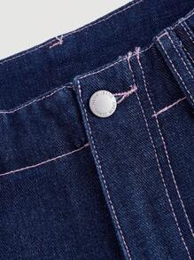 SHEIN MOD Jeans anchos y sueltos de mujer con estampado de lazos lindos, pantalones holgados azules, jeans navideños, jeans con lazos de otoño para mujer, jeans de bienvenida, jeans holgados para mujer, pantalones azul marino - Azul lavado oscuro - Ver 4