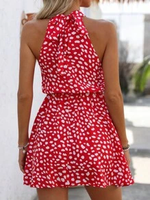 Breezaya Đầm trễ vai in họa tiết thường ngày dành cho nữ (Mẫu ngẫu nhiên) - Đỏ - Xem 2