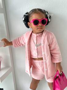 3 件套幼儿女孩舒适羊毛套装 - 夹克、背心和短裤，秋冬季 - 粉色 - 查看 4