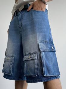 Chillumni 男士夏季休闲水洗工作服牛仔短裤 - 中等水洗藍 - 查看 3