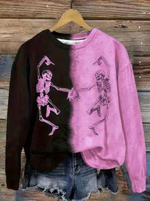 INAWLY Sudadera de cuello redondo de manga larga con estampado de calavera de bloques de color para mujer de talla grande