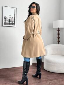 SHEIN Essnce 大码女式秋冬休闲宽松卡其色长袖中长风衣、女士外套、秋季女装、冬季外套、老款、秋季女装、风衣女大衣、长外套、返校节、早午餐女装、服装 - 卡其色 - 查看 2