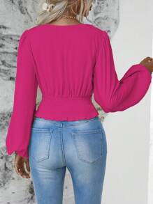 EMERY ROSE Women's Spring And Summer Solid Color Overlapping V-Neck Lantern Sleeve Elegant Shirt Fall Cloth For Women - Hot Pink - View 2