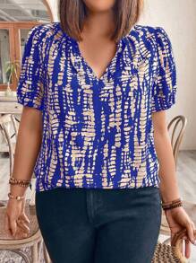 SHEIN LUNE Plus Size Notched V-Neck Allover Print Short Sleeve Shirt, Summer - Royal Blue - View 5