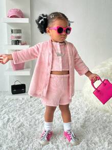 3 件套幼儿女孩舒适羊毛套装 - 夹克、背心和短裤，秋冬季 - 粉色 - 查看 1