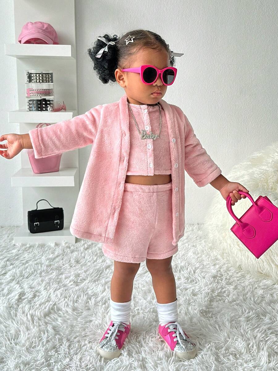3 件套幼儿女孩舒适羊毛套装 - 夹克、背心和短裤，秋冬季 - 粉色 - 查看 1