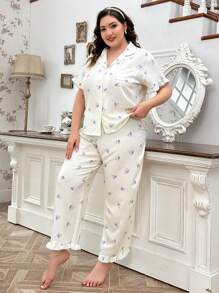 CottageSlumber Set de pijamale cu mânecă scurtă și guler cu volan din șifon cu imprimeu floral - Violet - Vizualizare 6