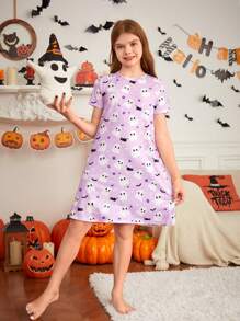 SHEIN Tween Girl Cute Cartoon Pattern Short Sleeve Halloween Theme Flame Retardant Nightgown, Sibling Outfits Matching Outfits (2 Pieces Are Sold Separately)