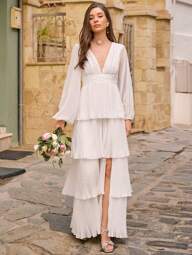 Enchnt Spring/Summer Romantic Women's Holiday White Deep V Neck Lantern Sleeve Layered Ruffle Hem Dress,Sweet&Elegant Outfit For Sweet Date Night &Wedding Guest Dress Women &Holiday & Graduation Dress&Daily Commuting&Vacation&Garden Parties & Concert Outfit Women