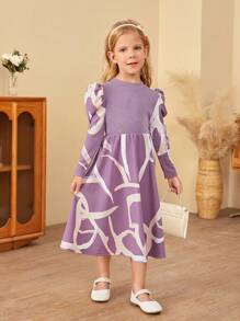 SHEIN Leap Crew Young Girl Elegant Mock Neck Patchwork Geometric Pattern Long Sleeve Mid-Length Dress - Purple - View 4