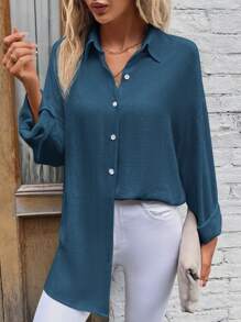 SHEIN LUNE 春季女式长袖工作衬衫 - 藍色 - 查看 3