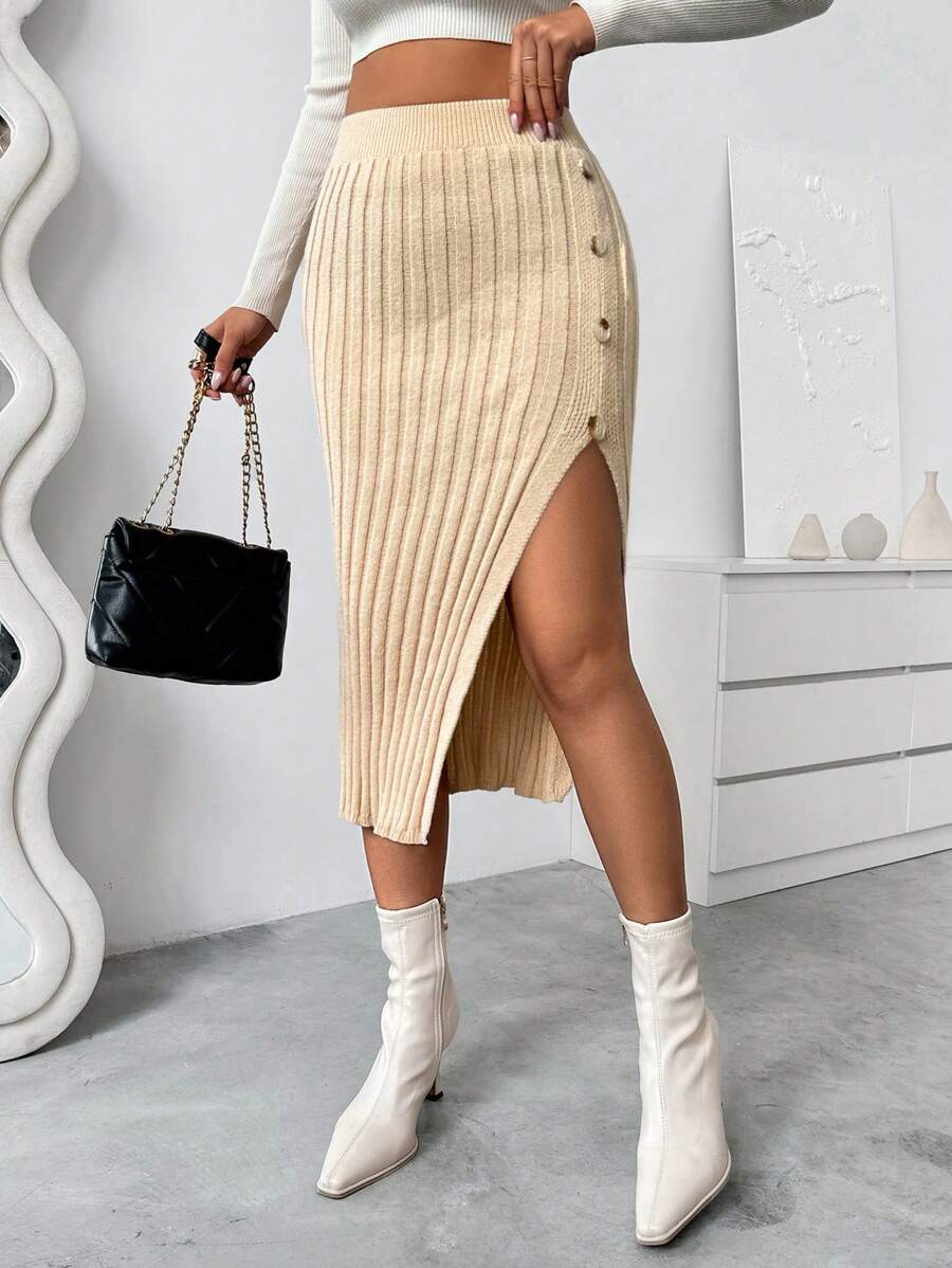 Chiquease 1pc Casual Button-Side Split Hem Knit Knitted Skirt,Spring/Autumn - Khaki - View 1
