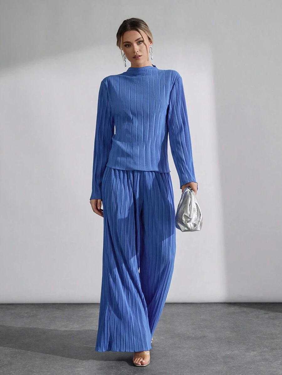 SHEIN Cottnline Pleated Solid Color Elegant Long Sleeve Blouse & Ruffled Hem Pants Set - Royal Blue - View 1