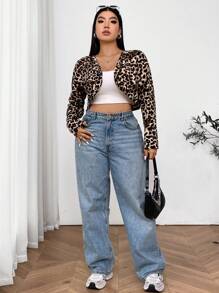 SHEIN EZwear 大码不对称下摆豹纹长袖开衫 - 彩色 - 查看 3
