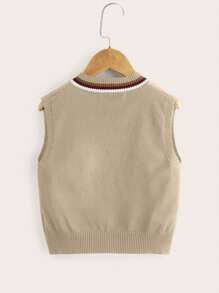 SHEIN 男童 V 领条纹宽松针织毛衣背心，春/秋 - 卡其色 - 查看 2