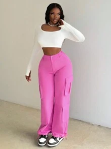 Slaydiva Women's Fuchsia Street Style Multi-Pocket Cargo Pants - Pink - View 4