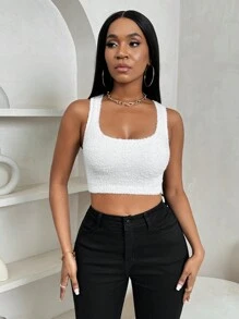 Zolique Casual Fuzzy Cropped Tank Top, Spring & Autumn - White - View 5