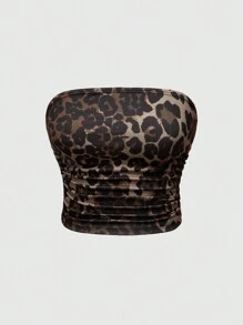 ROMWE 2 件套女士休闲豹纹抹胸和褶皱弹力针织阔腿裤套装 - 彩色 - 查看 2