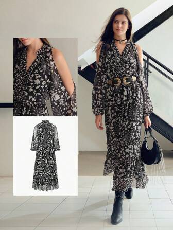 MOTF STUDIO VESTIDO LARGO CON ESTAMPADO FLORAL TOTAL, HOMBROS DESCUBIERTOS, MANGAS FAROL Y DOBLADILLO CON VOLANTES