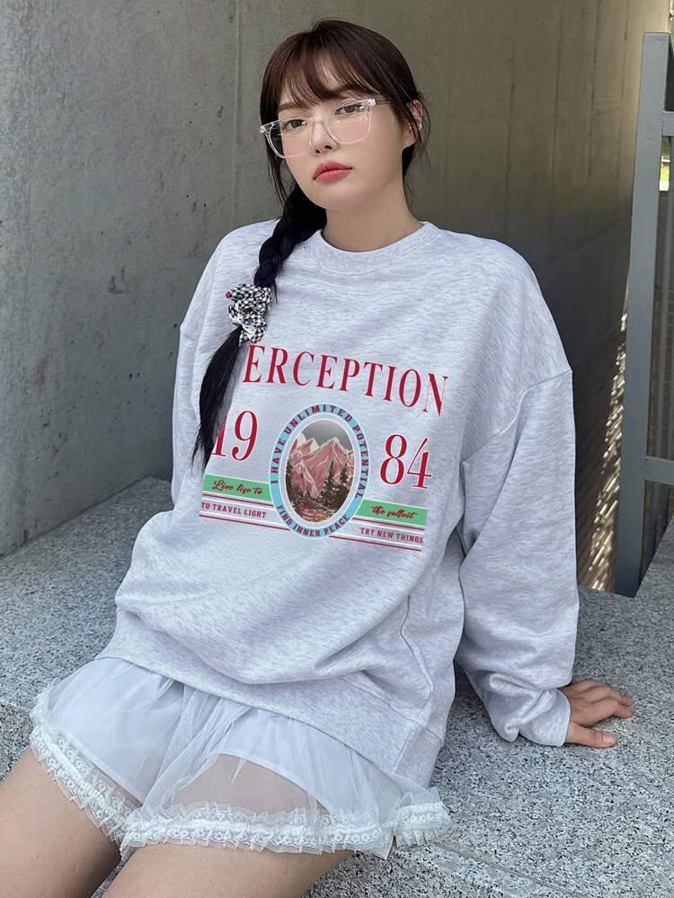 Women Pattern Print Fleece Loose Fit Crewneck Sweatshirt, Autumn,Fall Women Clothes,Winter