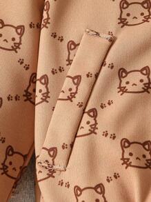 2pcs/Set Toddler Girls' Casual Cute Cat Paw Print Design Jacket With Letter Patch & Pants, Outfit Set - Multicolor - View 6