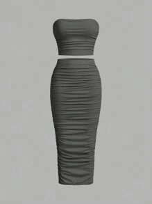 SHEIN Essnce Women's Summer Casual Solid Color Pleated Strapless Top Going Out Tops Tube Top And Knee-Length Slim Fit Skirt Set Airport Outfit Back To School Clothes Women Two Pieces Sets Tube Top Set Going Out Sets For Fall Clothes , 3pcs - Dark Grey - View 7
