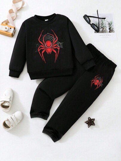 SHEIN Playful Pals Conjunto informal de sudadera con cuello redondo y pantalón de chándal con estampado de araña para niño pequeño, primavera y otoño