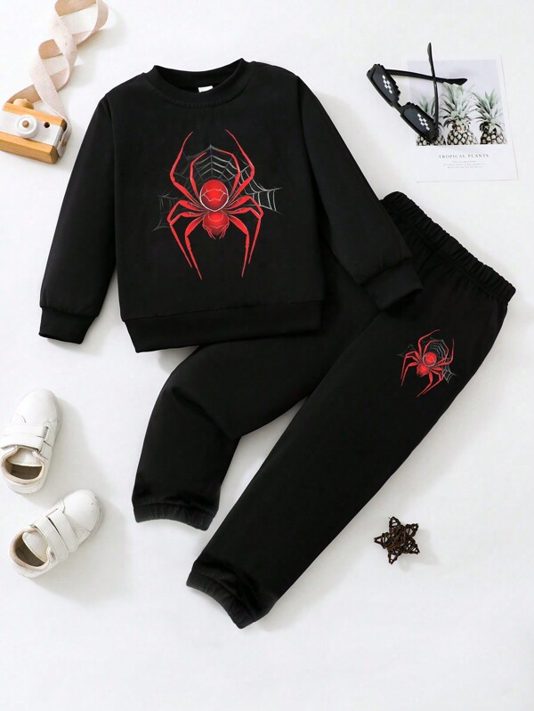 SHEIN Playful Pals Kleine Jungen Lässig outfit bestehend aus Sweatshirt mit Spinnen Motiv und Jogginghose, Frühling Herbst