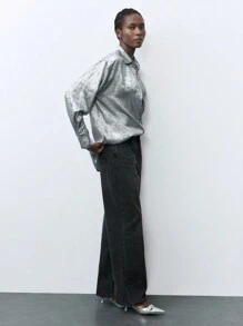 Maija Women's Silver Coated Fabric Shiny Chic Party Blouse, Loose Dolman Sleeve Solid Color Elegant Shirt, Versatile For Spring, Summer, All Seasons