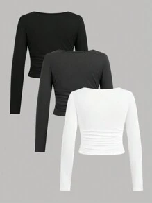 SHEIN Girlism Tween Girls' Casual Simple Comfortable Solid Square Neck Ruched Waist Multi-Packs T-Shirts - Multicolor - View 2