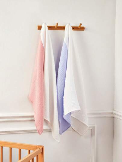  Cozy Pixies 2pcs/Set Crinkle Fabric Comfortable And Breathable Baby Blanket, Four Seasons, Pink And Purple Color Block Oeko-Tex Certified