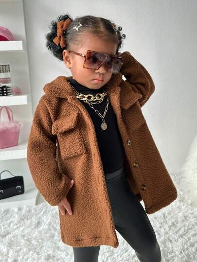 SHEIN Playful Pals 女婴长款加绒加厚夹克，温暖休闲的日常外套，适合户外使用