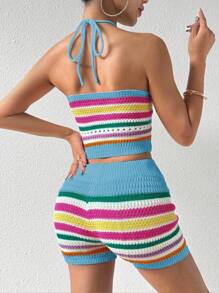 SHEIN Unity 2 件套女士夏季条纹镂空领针织上衣和针织短裤套装 - 藍色 - 查看 2