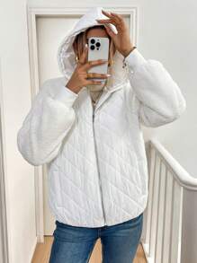 SHEIN Essnce Women's Solid Color Raglan Sleeve Casual Hooded Padded Coat, Autumn/Winter - White - View 6