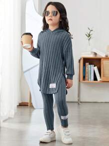 SHEIN Jeune fille Salopette ample vintage à capuche, asymétrique, côtelée, en deux pièces - Bleu gris - Voir 4