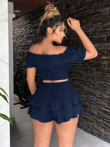 SHEIN SXY 夏季女士宽松纹理面料荷叶边裤女士飘逸短裤 - 藏蓝色 - 查看 5