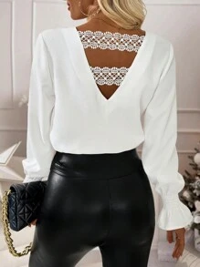 SHEIN Clasi Camisa de manga larga con diseño empalmado de flores brillante, escote en V sexy