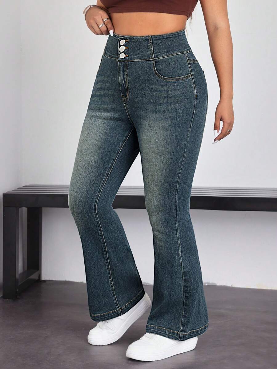 SHEIN EZwear 大码前扣装饰多口袋休闲牛仔裤 - 中等水洗藍 - 查看 1