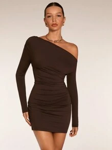 SHEIN BAE Vestido casual corto de una sola tonalidad de manga larga de verano, vestidos de otoño para mujer, ropa de otoño para mujer, vestidos asimétricos, ropa de invierno - Café - Ver 9